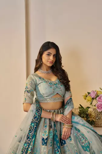 Sky Blue Patchwork and motif Banarasi silk Lehenga Lehenga with Unstiched Blouse