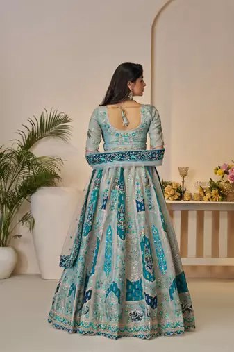 Sky Blue Patchwork and motif Banarasi silk Lehenga Lehenga with Unstiched Blouse
