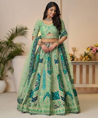 Green Patchwork and motif Banarasi silk Lehenga Lehenga with Unstiched Blouse 1