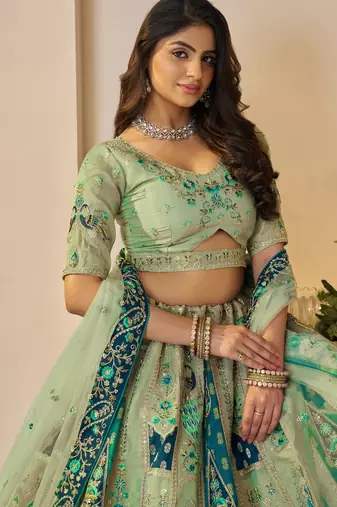 Green Patchwork and motif Banarasi silk Lehenga Lehenga with Unstiched Blouse