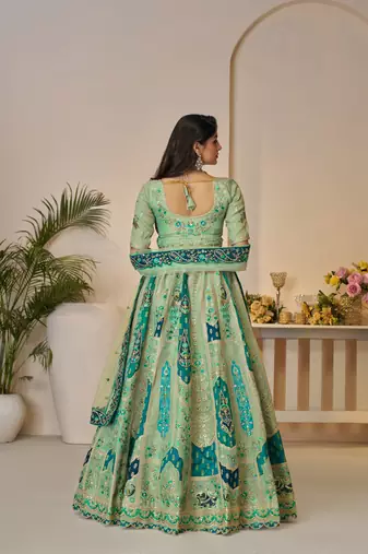 Green Patchwork and motif Banarasi silk Lehenga Lehenga with Unstiched Blouse
