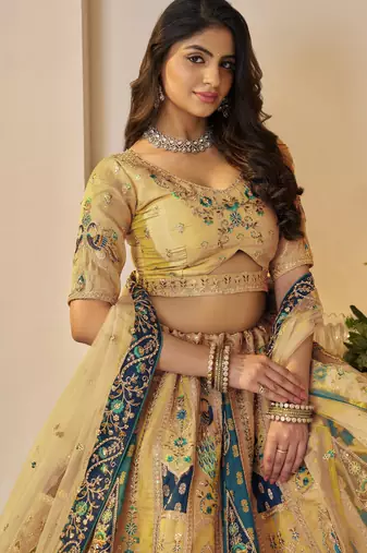 Yellow Patchwork and motif Banarasi silk Lehenga Lehenga with Unstiched Blouse