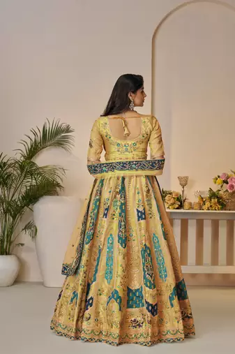 Yellow Patchwork and motif Banarasi silk Lehenga Lehenga with Unstiched Blouse