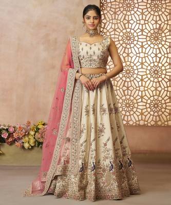 White Sequinse & Thread embroidered Zari silk Lehenga with unstiched Blouse 1