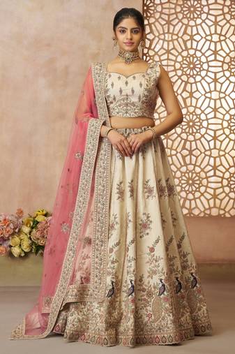 White Sequinse & Thread embroidered Zari silk Lehenga with unstiched Blouse