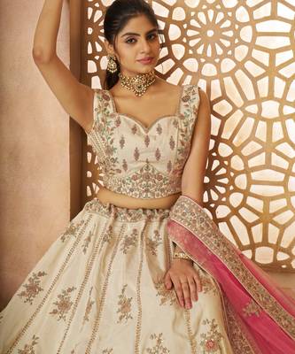 White Sequinse & Thread embroidered Zari silk Lehenga with unstiched Blouse 2