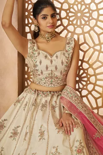 White Sequinse & Thread embroidered Zari silk Lehenga with unstiched Blouse