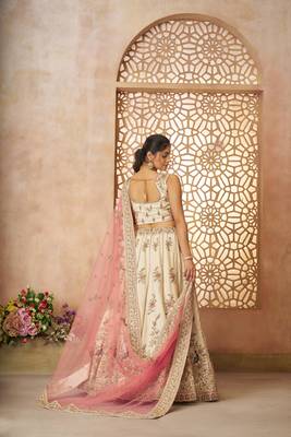 White Sequinse & Thread embroidered Zari silk Lehenga with unstiched Blouse 4