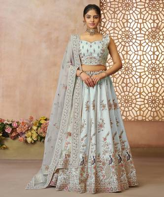 Sky Blue Sequinse & Thread embroidered Zari silk Lehenga with unstiched Blouse 1