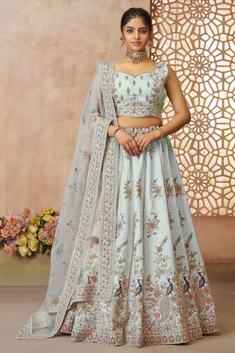 Sky Blue Sequinse & Thread embroidered Zari silk Lehenga with unstiched Blouse