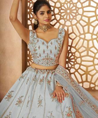 Sky Blue Sequinse & Thread embroidered Zari silk Lehenga with unstiched Blouse 2
