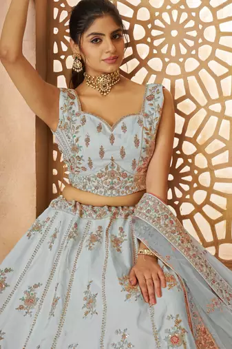 Sky Blue Sequinse & Thread embroidered Zari silk Lehenga with unstiched Blouse
