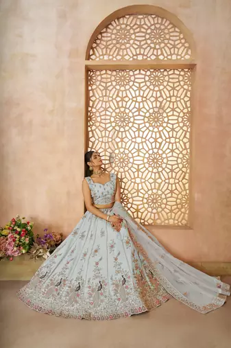 Sky Blue Sequinse & Thread embroidered Zari silk Lehenga with unstiched Blouse