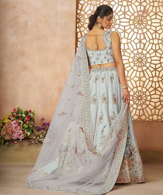 Sky Blue Sequinse & Thread embroidered Zari silk Lehenga with unstiched Blouse 4