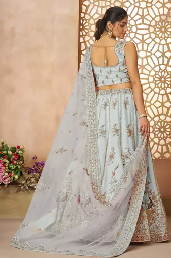 Sky Blue Sequinse & Thread embroidered Zari silk Lehenga with unstiched Blouse