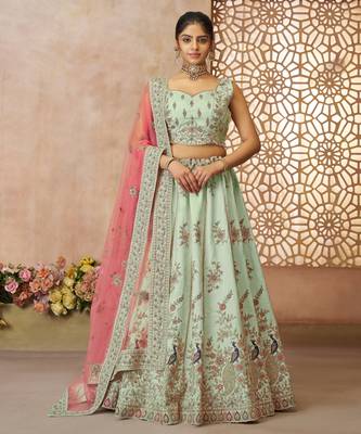 Green Sequinse & Thread embroidered Zari silk Lehenga with unstiched Blouse 1