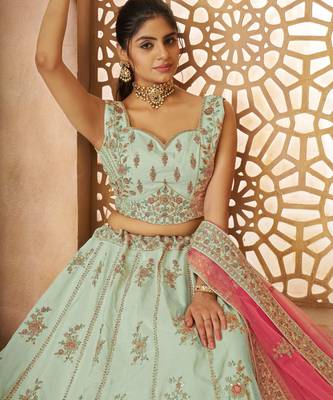 Green Sequinse & Thread embroidered Zari silk Lehenga with unstiched Blouse 2