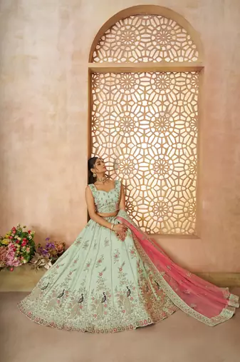 Green Sequinse & Thread embroidered Zari silk Lehenga with unstiched Blouse