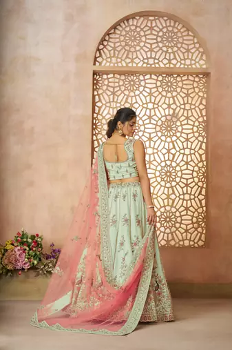 Green Sequinse & Thread embroidered Zari silk Lehenga with unstiched Blouse