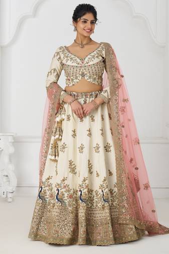 White zari embroidered Silk lehenga with Unstiched Blouse