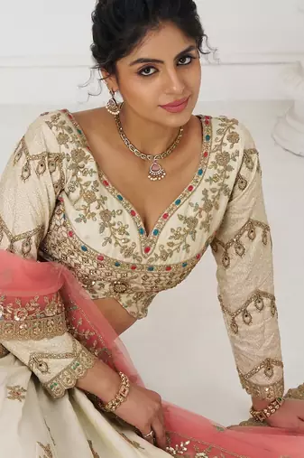 White zari embroidered Silk lehenga with Unstiched Blouse