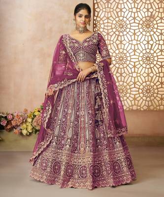 Dark Purple Thread worked Net Lehenga with Unstiched Blouse 1
