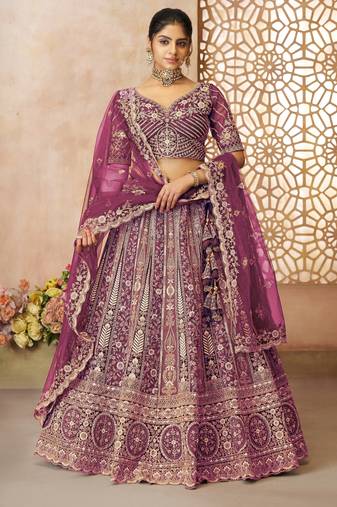 Dark Purple Thread worked Net Lehenga with Unstiched Blouse