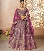Dark Purple Thread worked Net Lehenga with Unstiched Blouse