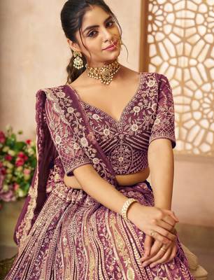 Dark Purple Thread worked Net Lehenga with Unstiched Blouse 2