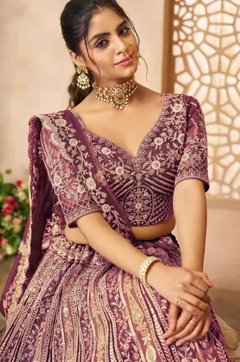 Dark Purple Thread worked Net Lehenga with Unstiched Blouse