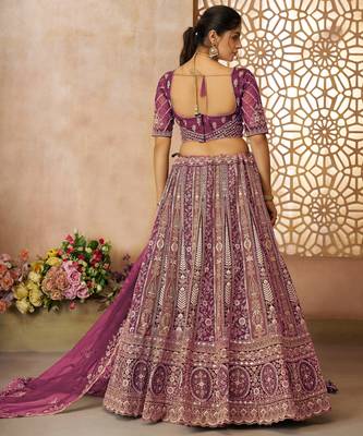 Dark Purple Thread worked Net Lehenga with Unstiched Blouse 3