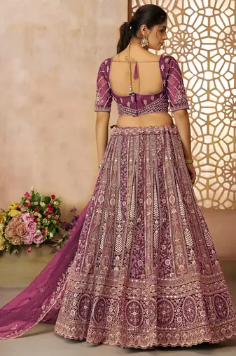 Dark Purple Thread worked Net Lehenga with Unstiched Blouse