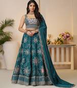 Blue Aari and sequins embroidered Satin silk Lehenga with unstiched blouse
