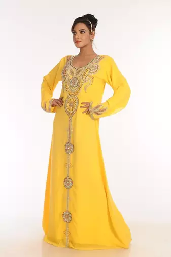 Yellow embroidered georgette islamic kaftan