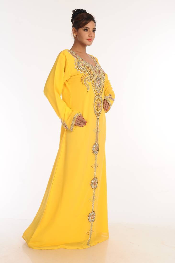 Yellow embroidered georgette islamic kaftan