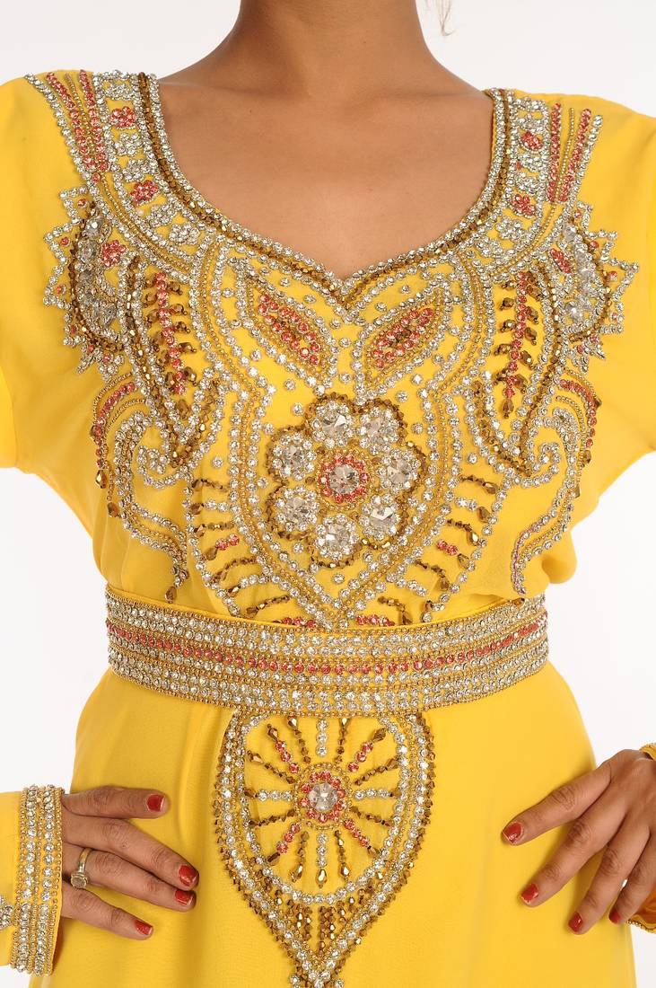 Yellow embroidered georgette islamic kaftan