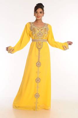 Yellow embroidered georgette islamic kaftan 4