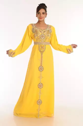 Yellow embroidered georgette islamic kaftan