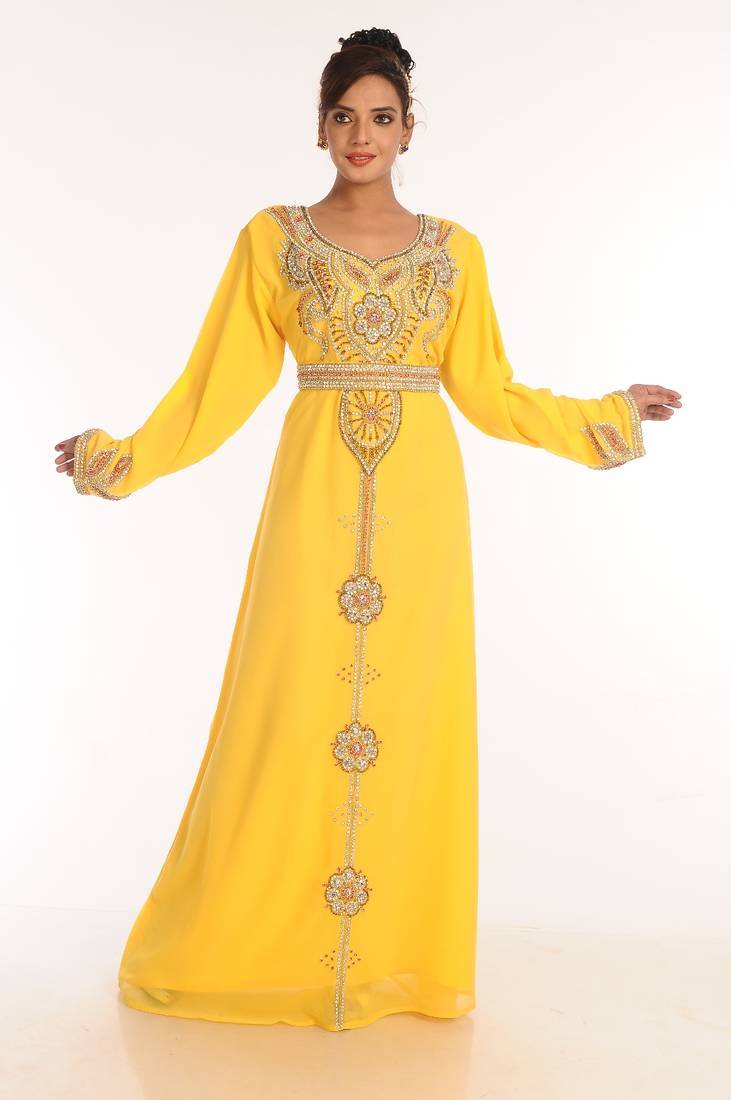 Yellow embroidered georgette islamic kaftan