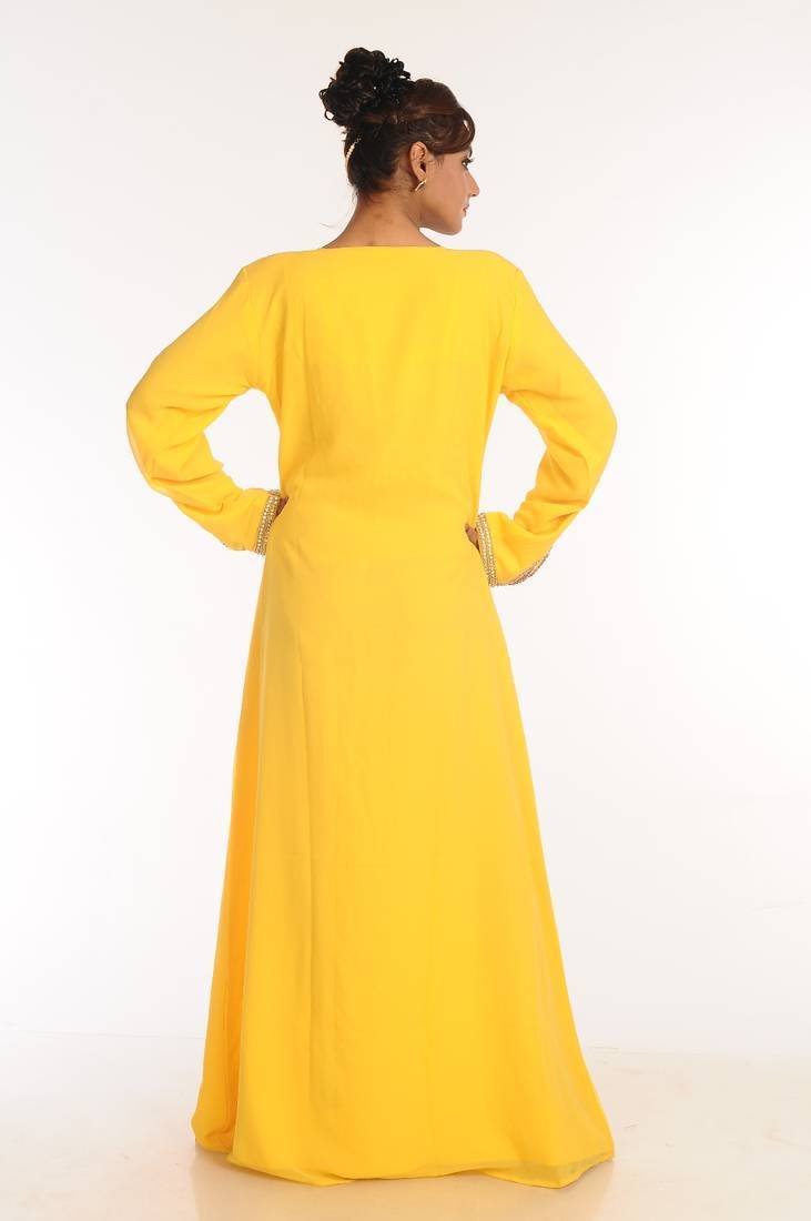 Yellow embroidered georgette islamic kaftan