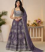 Purple Aari and sequins embroidered Satin silk Lehenga with unstiched blouse