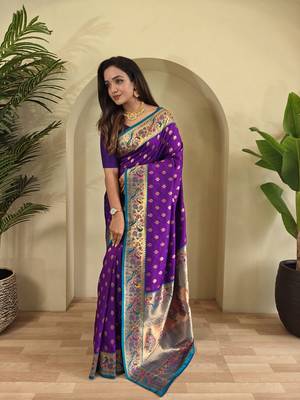 Plum Traditional Paithani Silk blend Saree 1
