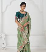green multi-thread embroidered saree with floral work