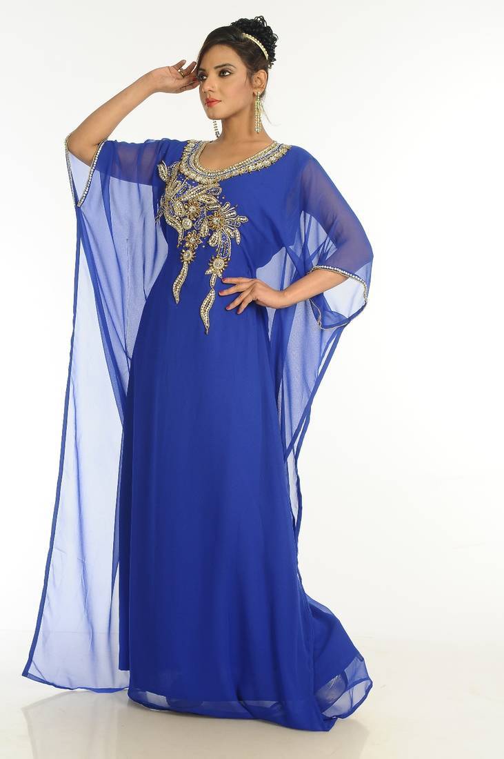 Royal blue embroidered georgette islamic kaftan