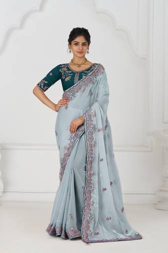 aqua blue multicolor embroidery with floral design saree