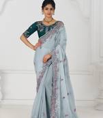 aqua blue multicolor embroidery with floral design saree