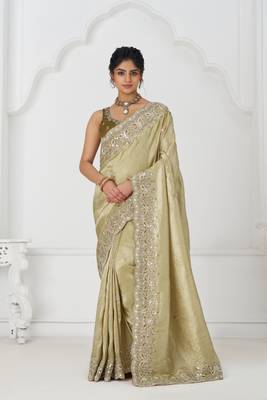 olive viscouse saree with sequins and beads embroidery 1