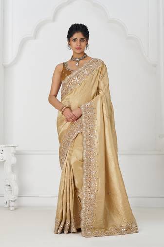 golden dola viscose silk blend saree with sequin and bead embroidery