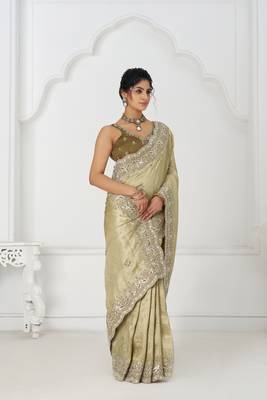 olive viscouse saree with sequins and beads embroidery 2