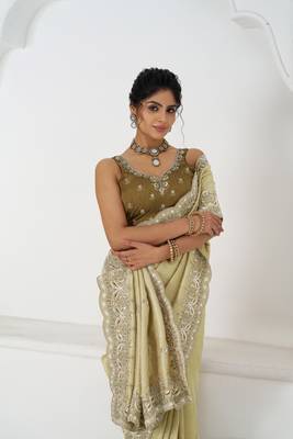 olive viscouse saree with sequins and beads embroidery 4